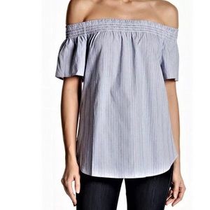 Como Vintage Smocked Off Shoulder Striped Blue Nautical Casual Blouse Size M